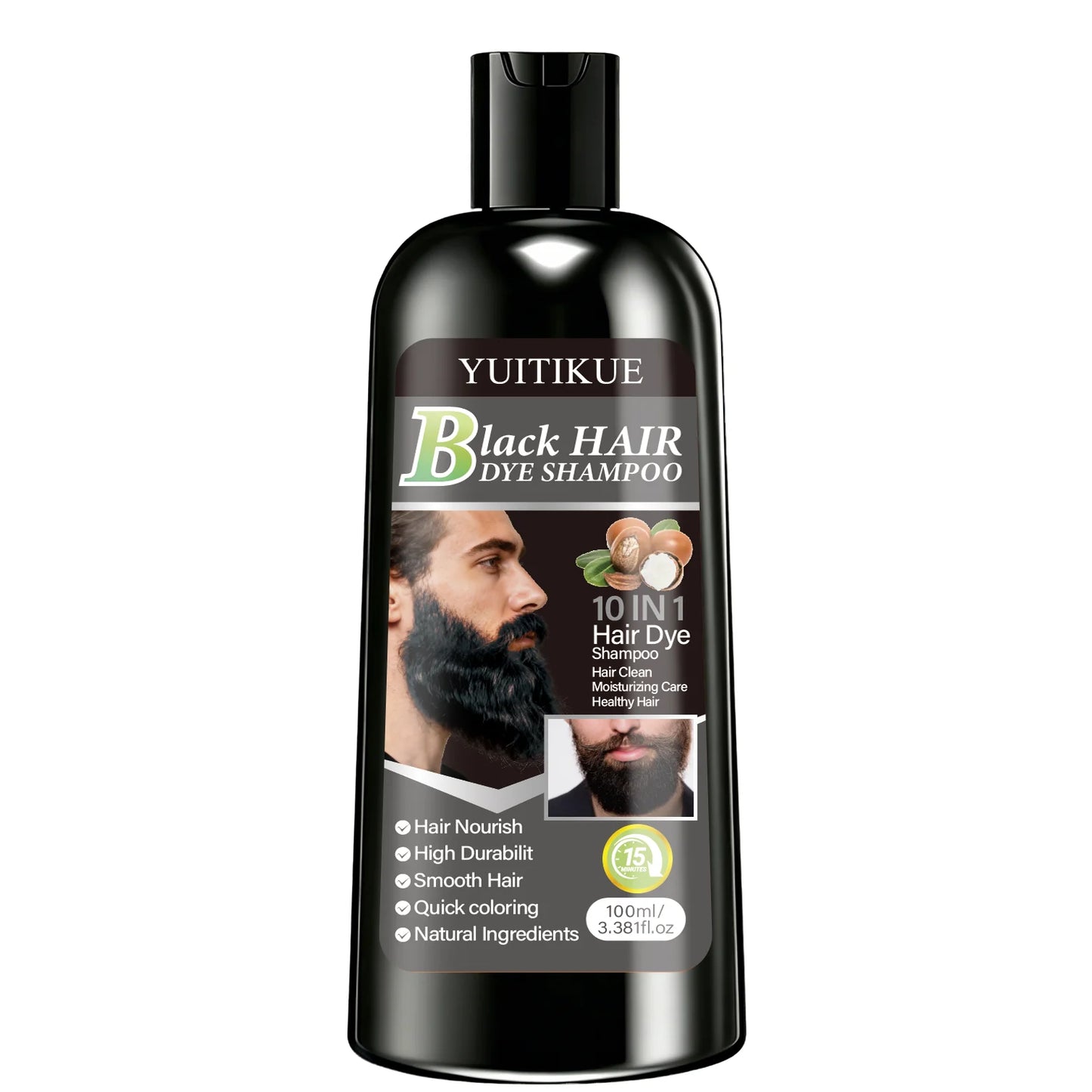 YUITIKUE Black Hair Dye Shampoo 100ml 10-in-1 Natural Ingredients Quick Coloring Nourishing Hair Care Peaceful Pleasures Health and Wellness 1pc