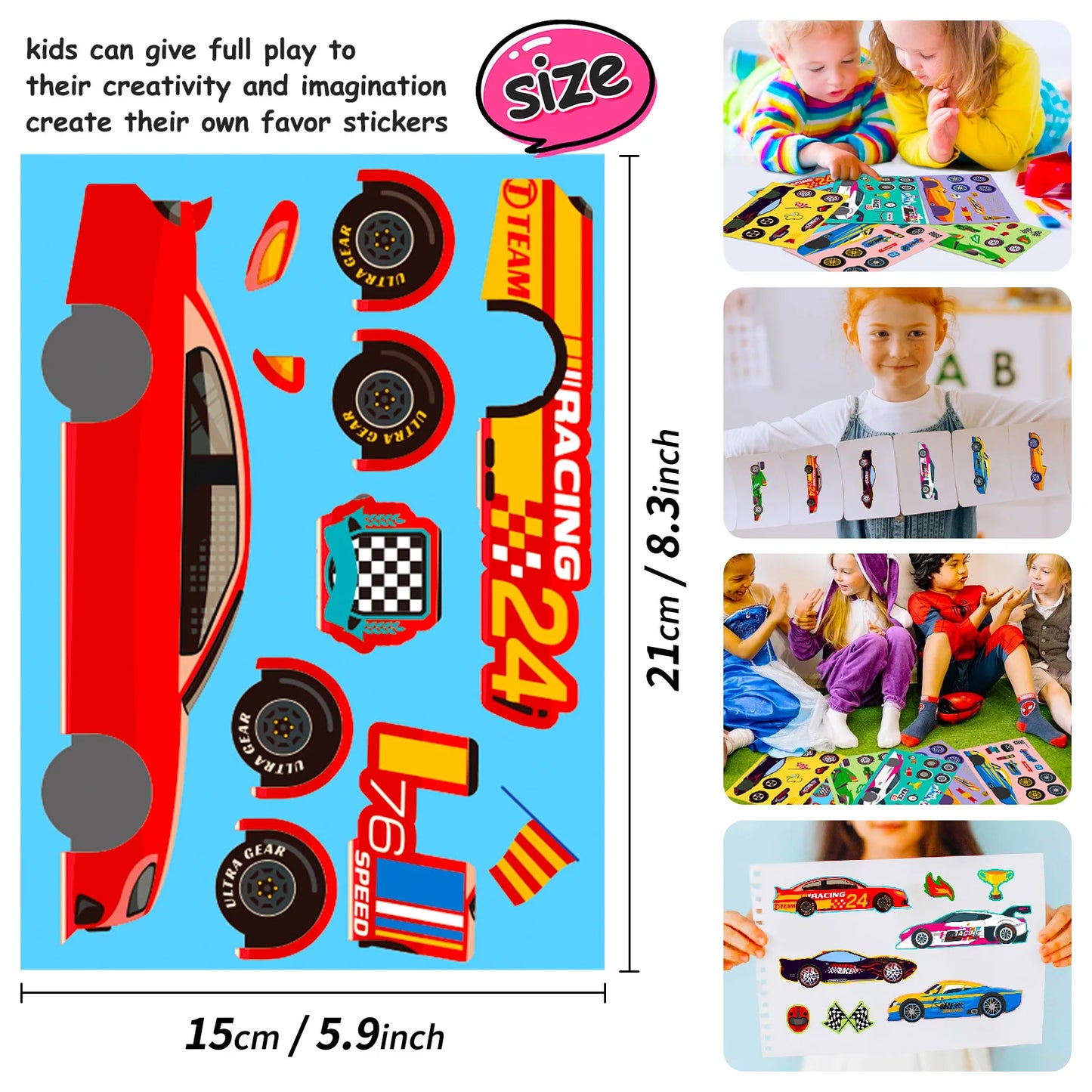Cool Racing Car Cartoon Puzzle Sticker 6 Sheets DIY Face Swap