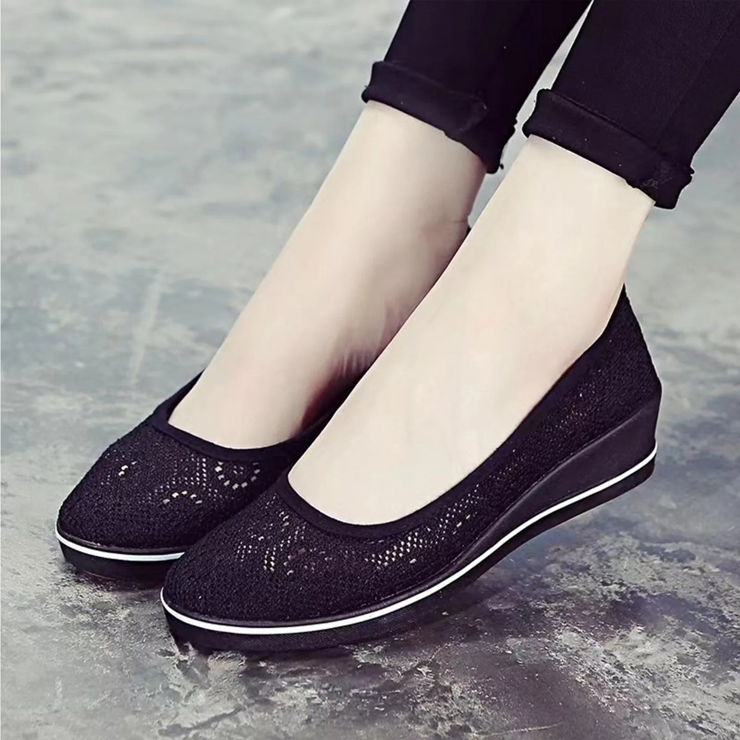 Women's Wedge Heel White Mesh Shoes Comfortable Non-slip Hollow Breathable All-match Work Beauty ShoesWhite Lace Hollow Breathab Peaceful Pleasures Health and Wellness Black 40