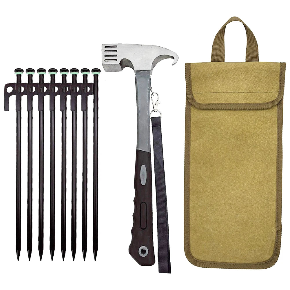 8-Piece Heavy Duty Forged Steel Tent Stakes with Hammer & Bag