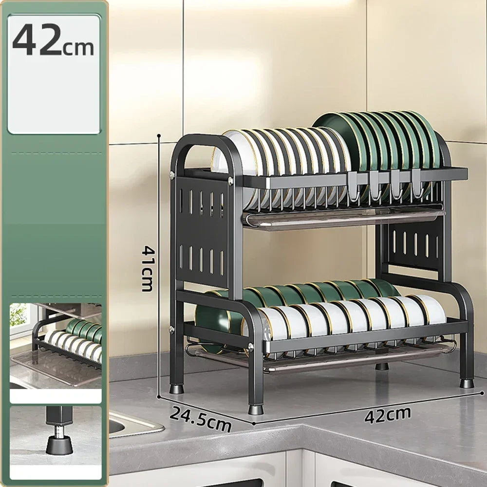 Carbon Steel Kitchen Dishes Drying Storage Rack With Drain Tray Large-capacity Plate Rack Cutlery Chopping Board Tool Organizer Peaceful Pleasures Health and Wellness style A