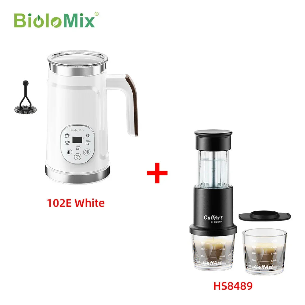 White electric kettle with digital display and black coffee maker on a white background, featuring BioloMix branding.