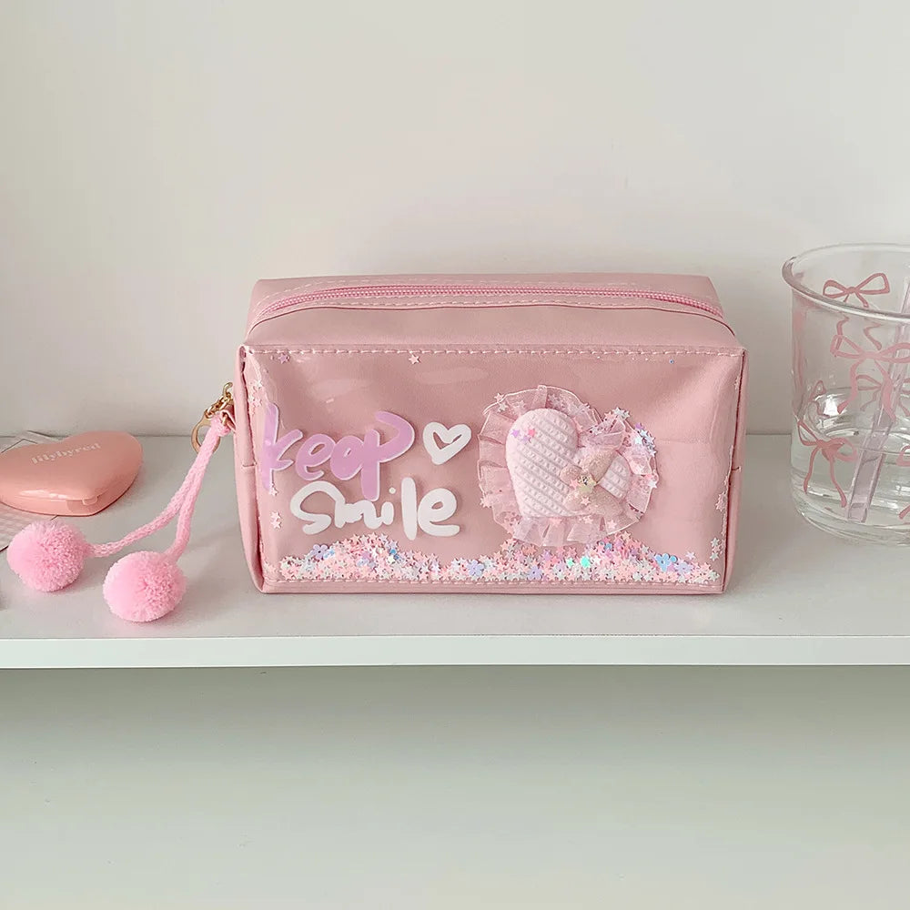 Creative Love Flowing Sand Pencil Bag Student Large Capacity