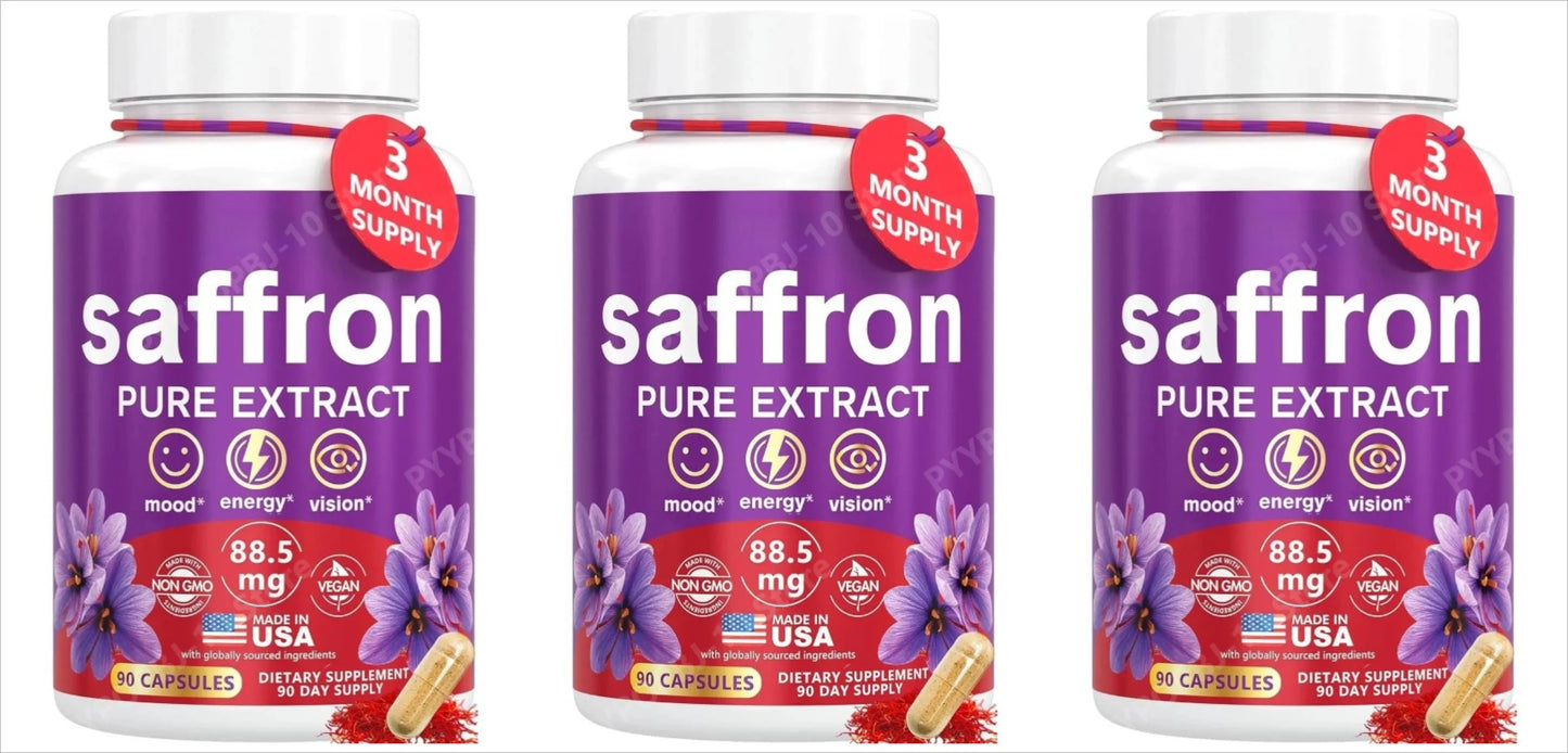 Supplements for Mood Focus 88.5mg Pure Saffron Extract 3rd Party Tested Made in USA 3 Month Supply 90 Capsules Peaceful Pleasures Health and Wellness 3bottles 270capsul