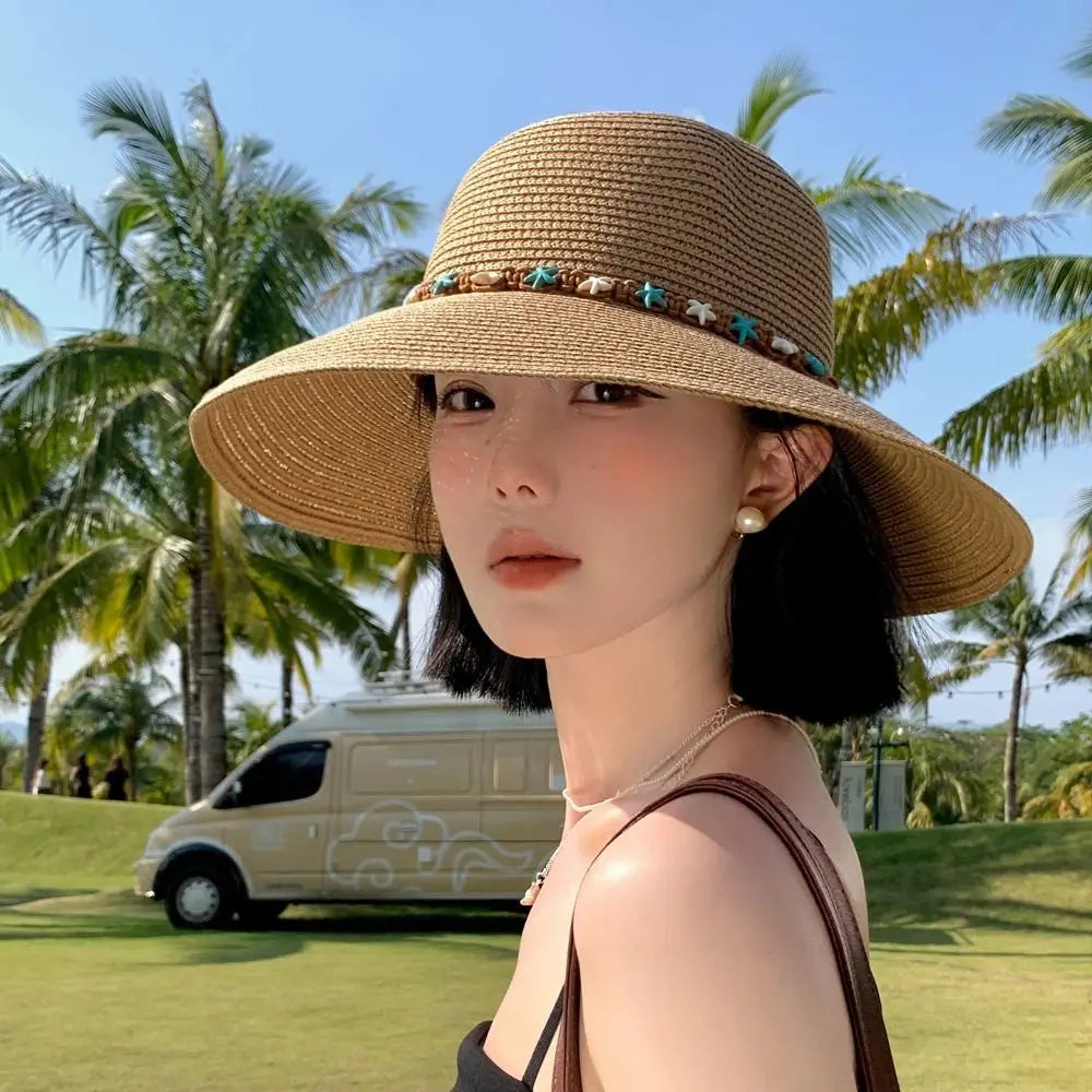 Starfish Wide Brim Straw Sun Hat – Foldable & Elegant