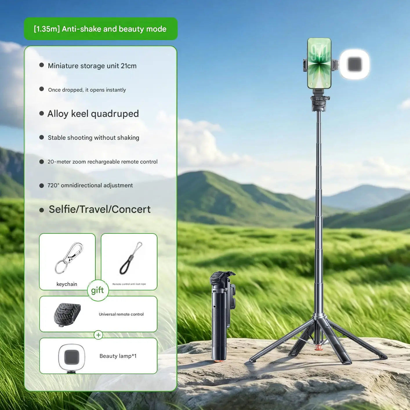 1.35m Selfie Stick Tripod | Bluetooth Remote & Auto Phone Holder Peaceful Pleasures Health and Wellness T35-H1