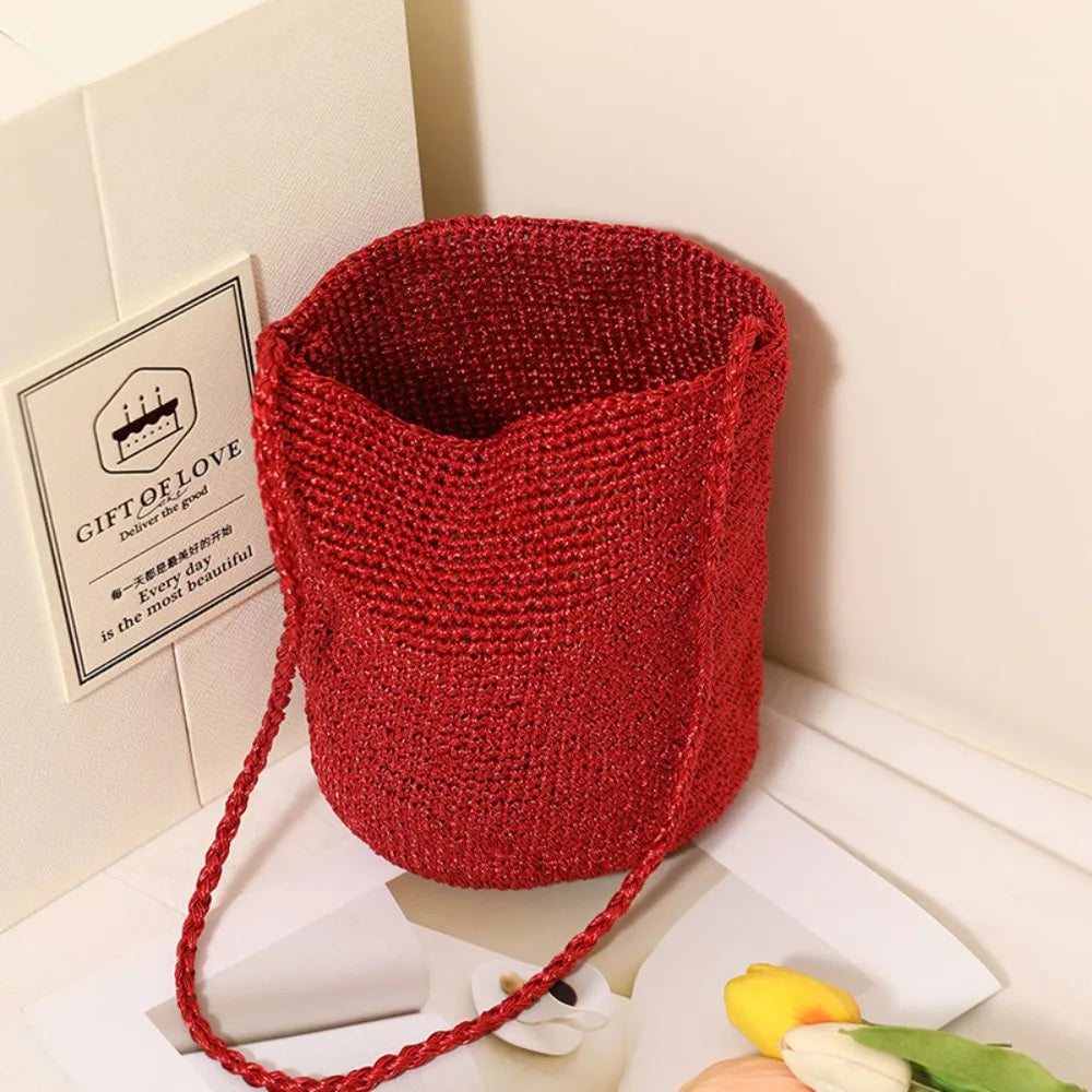 Korean Glitter Woven Bucket Bag – Crochet Tote & Beach Bag Woven Bucket Tote Peaceful Pleasures Health and Wellness Red