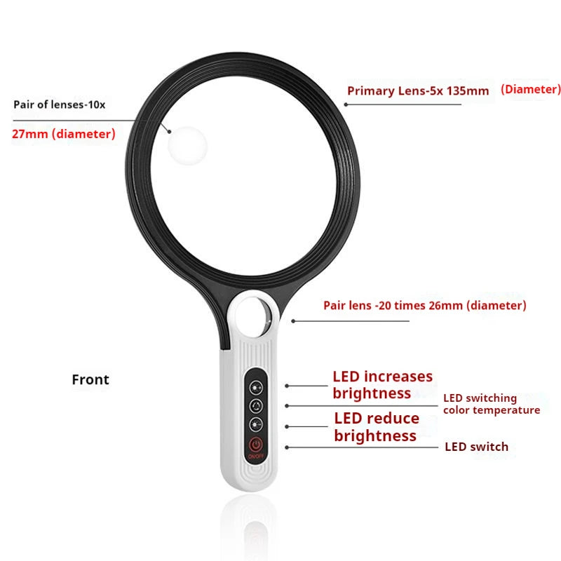 Magnifier Charging Tri Color Led Light Brightness Adjustment 135Mm Large Lens Handheld Magnifying Glass 5-10 X Peaceful Pleasures Health and Wellness