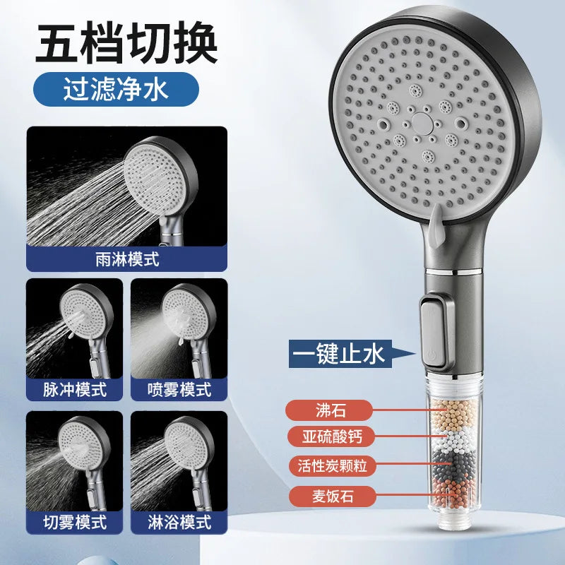 5-Mode Handheld Shower Head with Filter & Stop Button