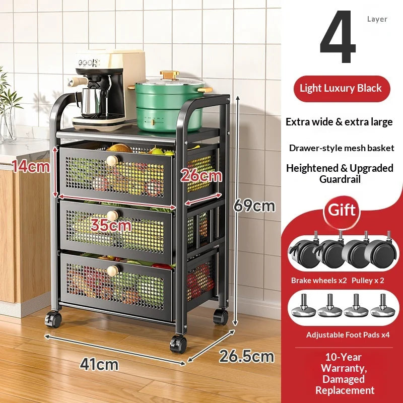 Space Saving Heavy Duty Multi Layer Rolling Fruit Vegetable Basket Storage Cart for Kitchen Floor Standing Organizer Peaceful Pleasures Health and Wellness Black 4 Layers