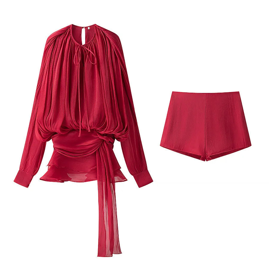 2025 New Stunning Fashion Trendy Shiny Ruffle Leaf Leaf Mini Dress Women's Chic Loose Hollow Ladies Summer Party Dress Peaceful Pleasures Health and Wellness Claret L
