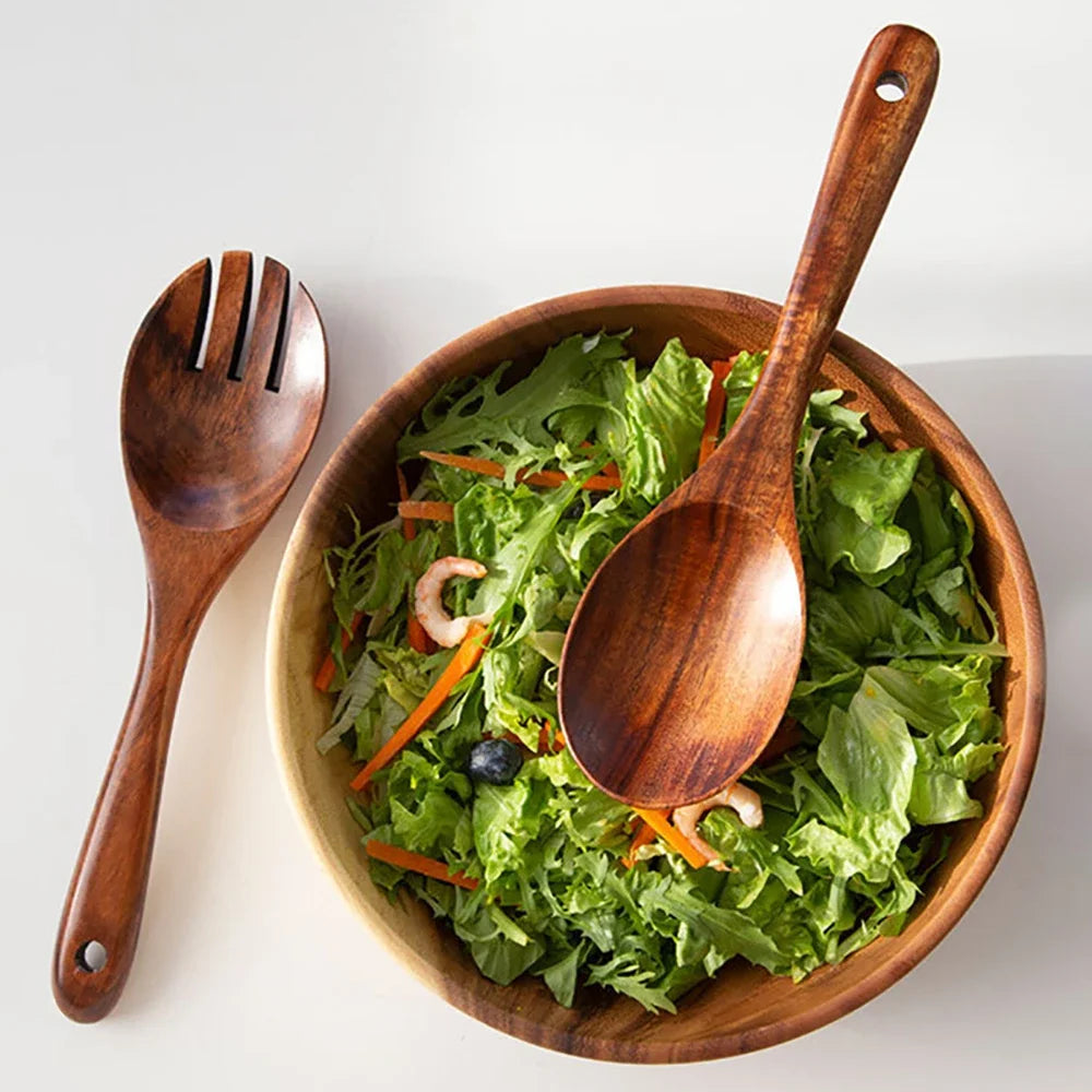 2-Piece Japanese-Style Wooden Serving Spoon & Fork Set – Long Handle Salad Scoop & Serving Utensils
