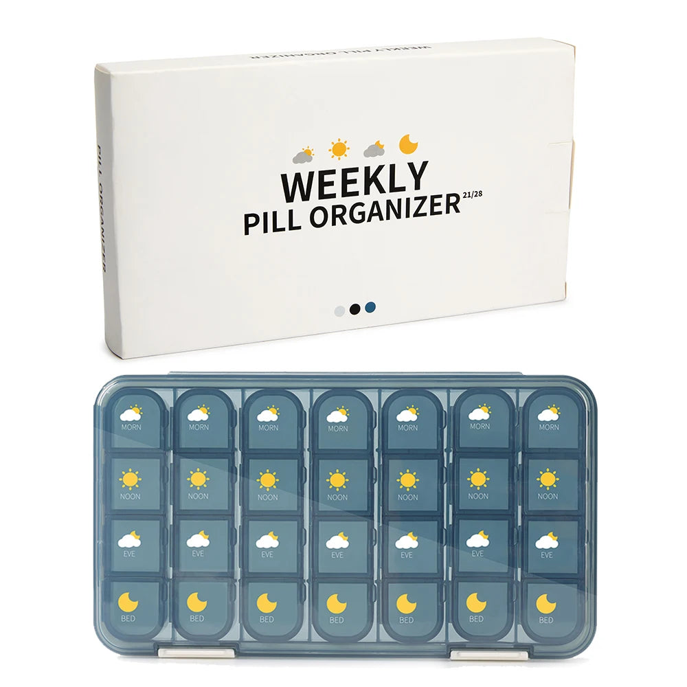 21/28Grid Pill Box Large Capacity Pill Box Pill Medicine Storage Pill Box Weekly Vitamin Organizer Pastillero Moisture Resistant Peaceful Pleasures Health and Wellness 28 grids-blue