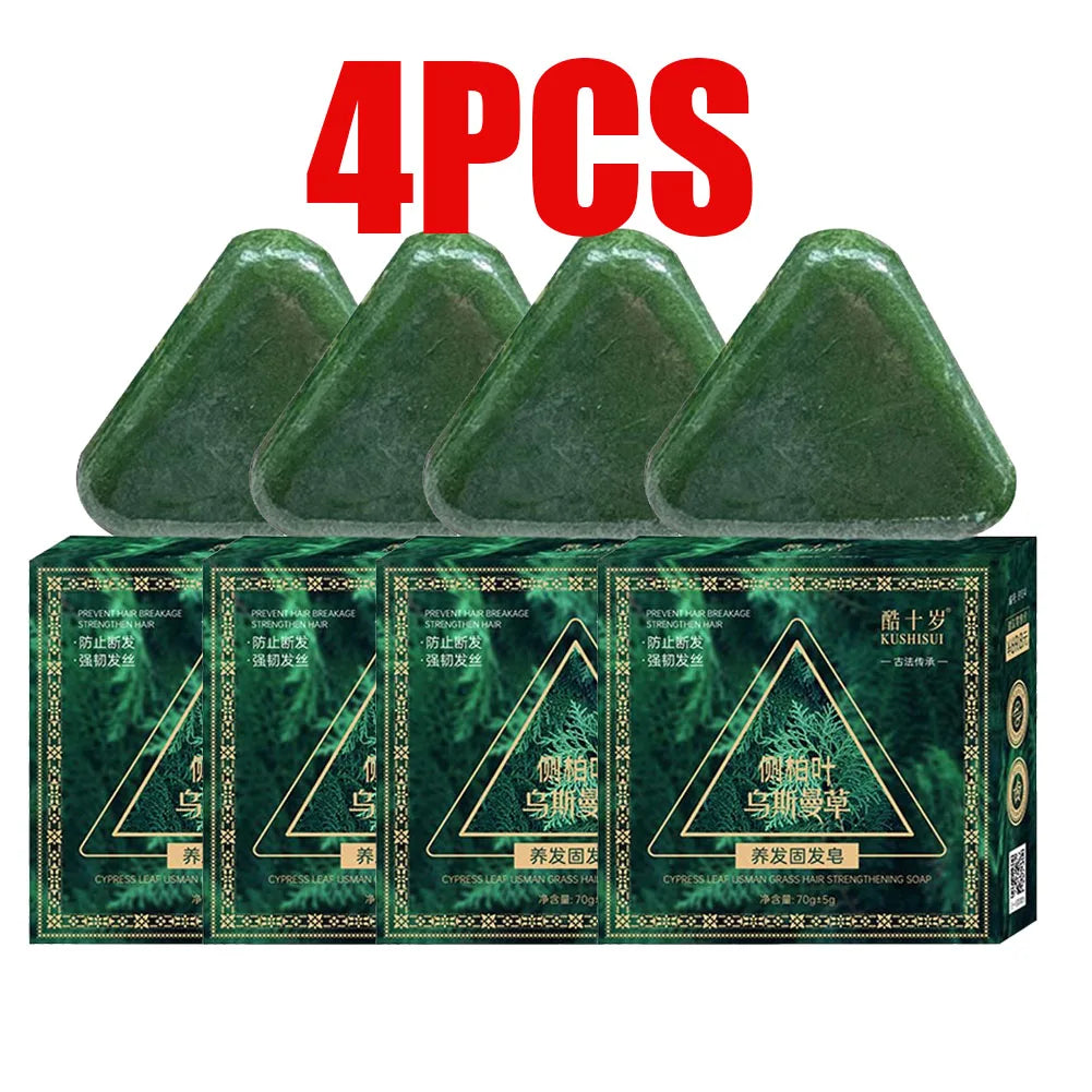 2/4PCS Platycladus Leaves Usman Handmade Shampoo Soap Polygonum Multiflorum Herbal Extract Triangle Hair Strengthening Cleansing Peaceful Pleasures Health and Wellness 4PCS