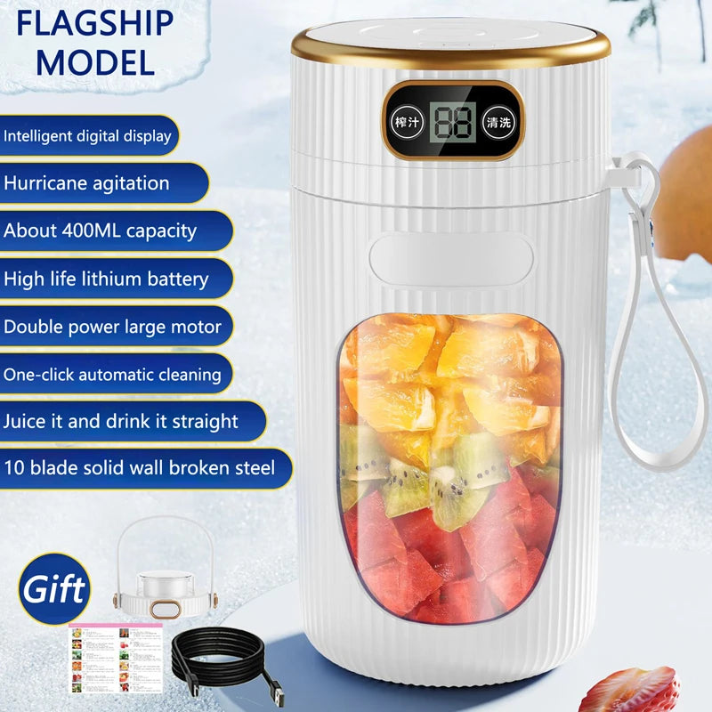 Electric Juicer 10 Blades Portable Blender LED Digital Display Small Juice Cup Rechargeable Wireless Household Milkshake Juice Peaceful Pleasures Health and Wellness White Drink Lid Set