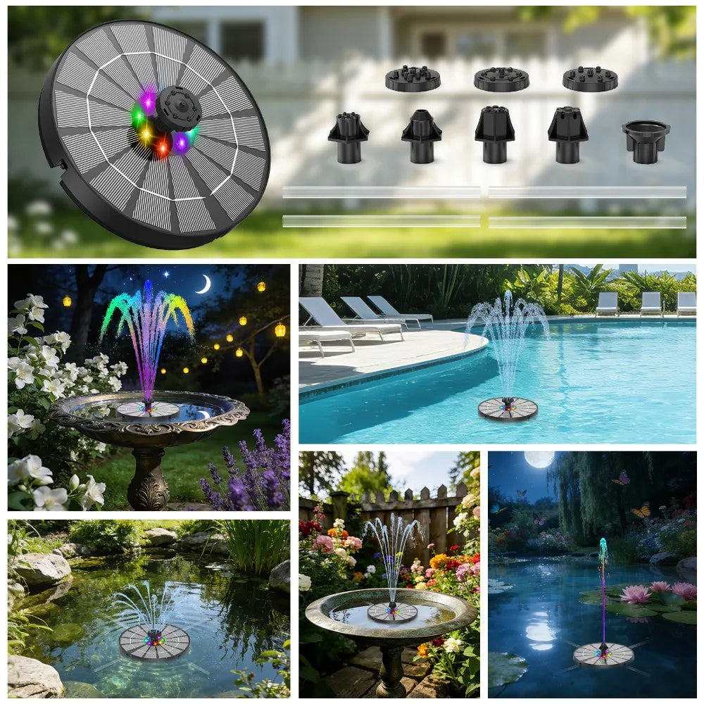 3.5W LED Solar Bird Bath Fountain Pump – 8 Nozzles & Battery