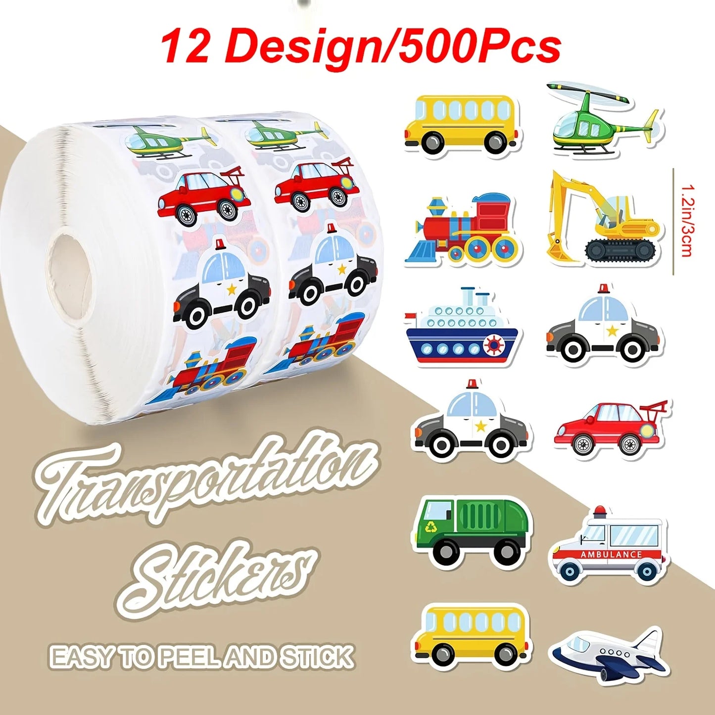 500pcs Transportation Stickers Roll – Cars, Trucks & Planes