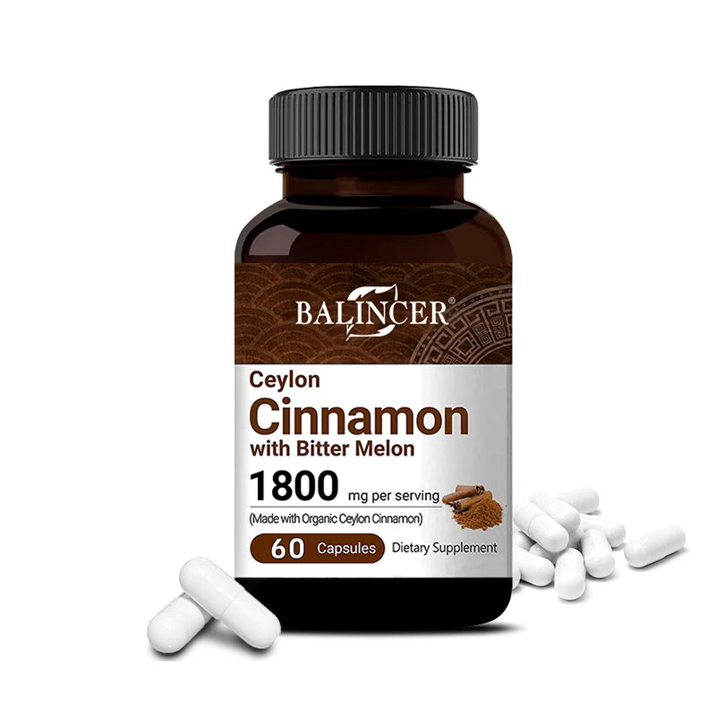 Balincer Ceylon Cinnamon 1800mg Capsules + Bitter Melon - Heart, Blood Sugar Health, Antioxidant & Joint Support, 30/60/120 Caps Peaceful Pleasures Health and Wellness 60 count-1 bottle
