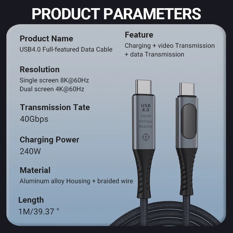 USB4 USB-C Cable 8K 60Hz | 240W PD 40Gbps LED Display 3.3ft