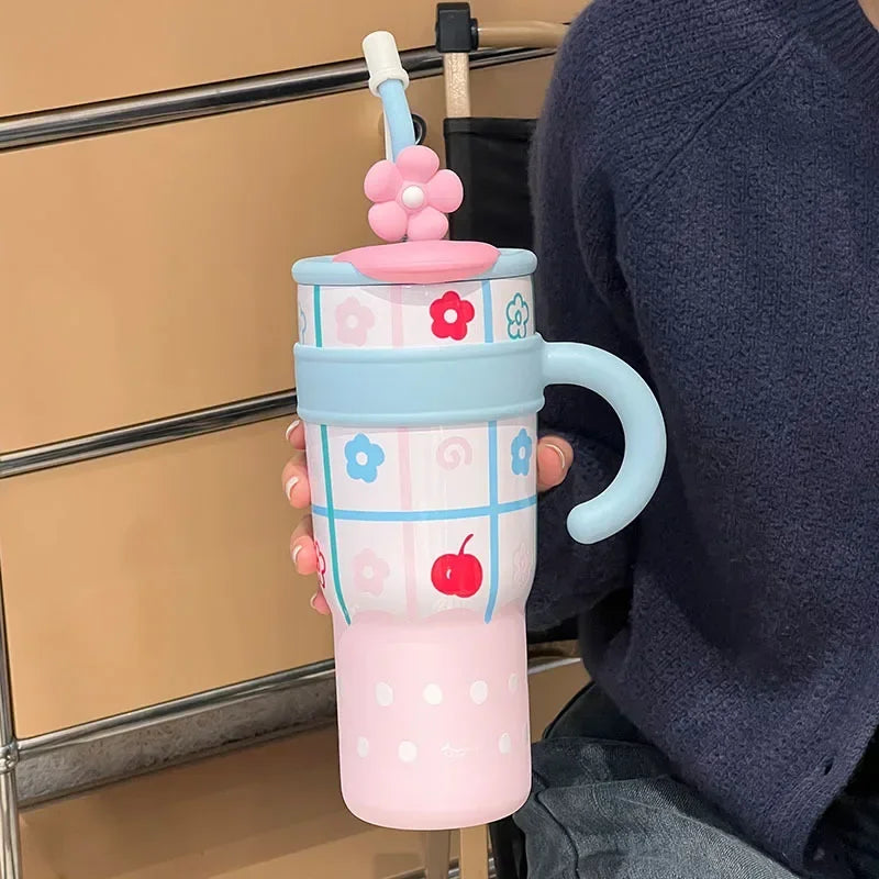 Tumbler with Handle Lid Straw Cute Cat Thermos Cup Stainless Steel Water Bottle Outdoor Travel Coffee Mug Gift Large Capacity Peaceful Pleasures Health and Wellness WHITE 1200ml