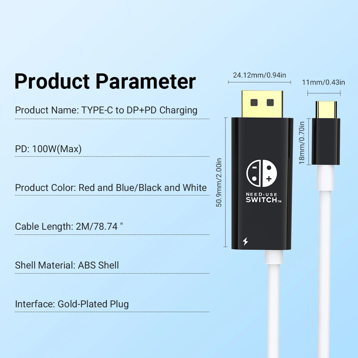 6.6Ft USB-C to DisplayPort Cable 8K@60Hz + PD 100W Charging