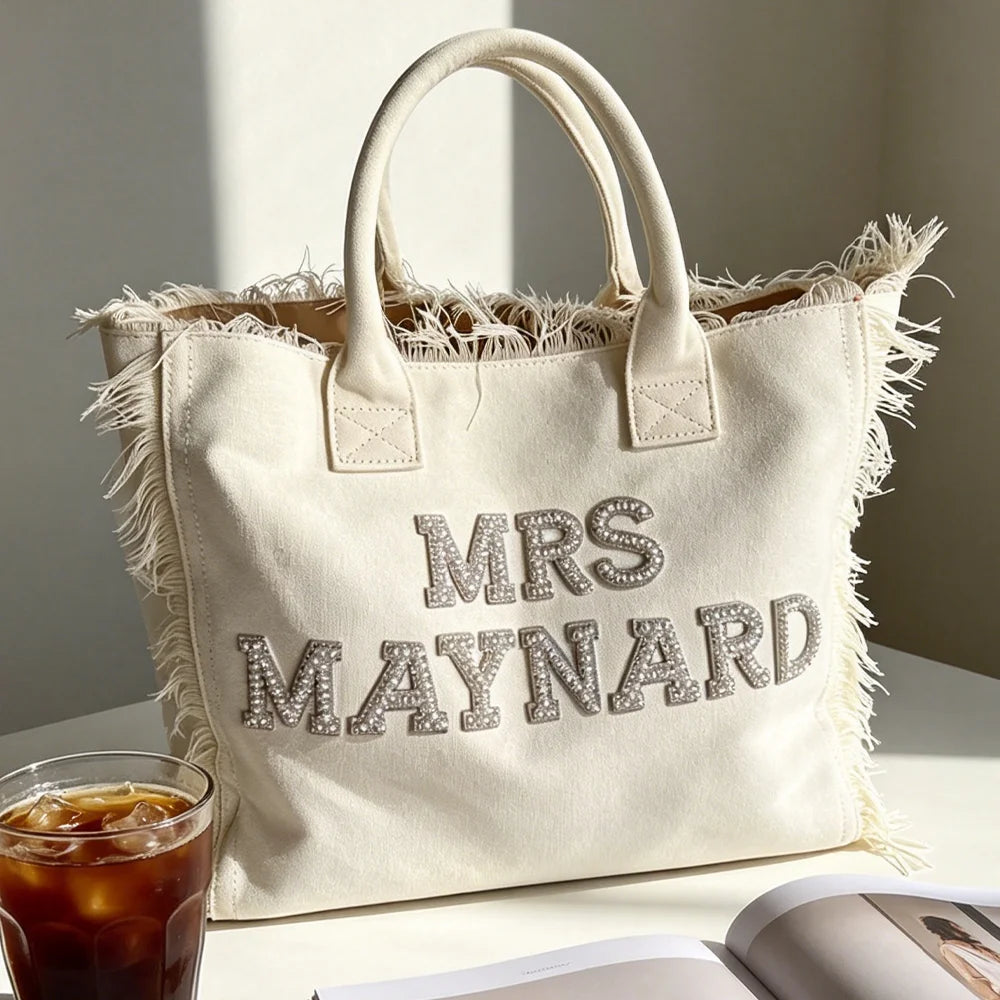 Pearl Letters Bride Tote Bag | Personalized Bridal Shower Gift Bridal Tote Bag Peaceful Pleasures Health and Wellness