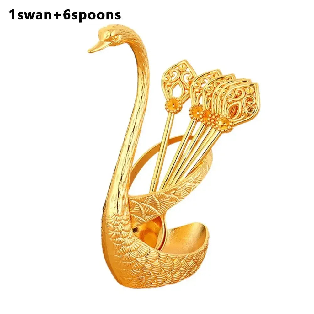 Stainless Steel Creative Dinnerware Set Decorative Swan Base Holder With 6 Spoons For Coffee Tea Cake Dessert Kitchen Supplies Peaceful Pleasures Health and Wellness Golden