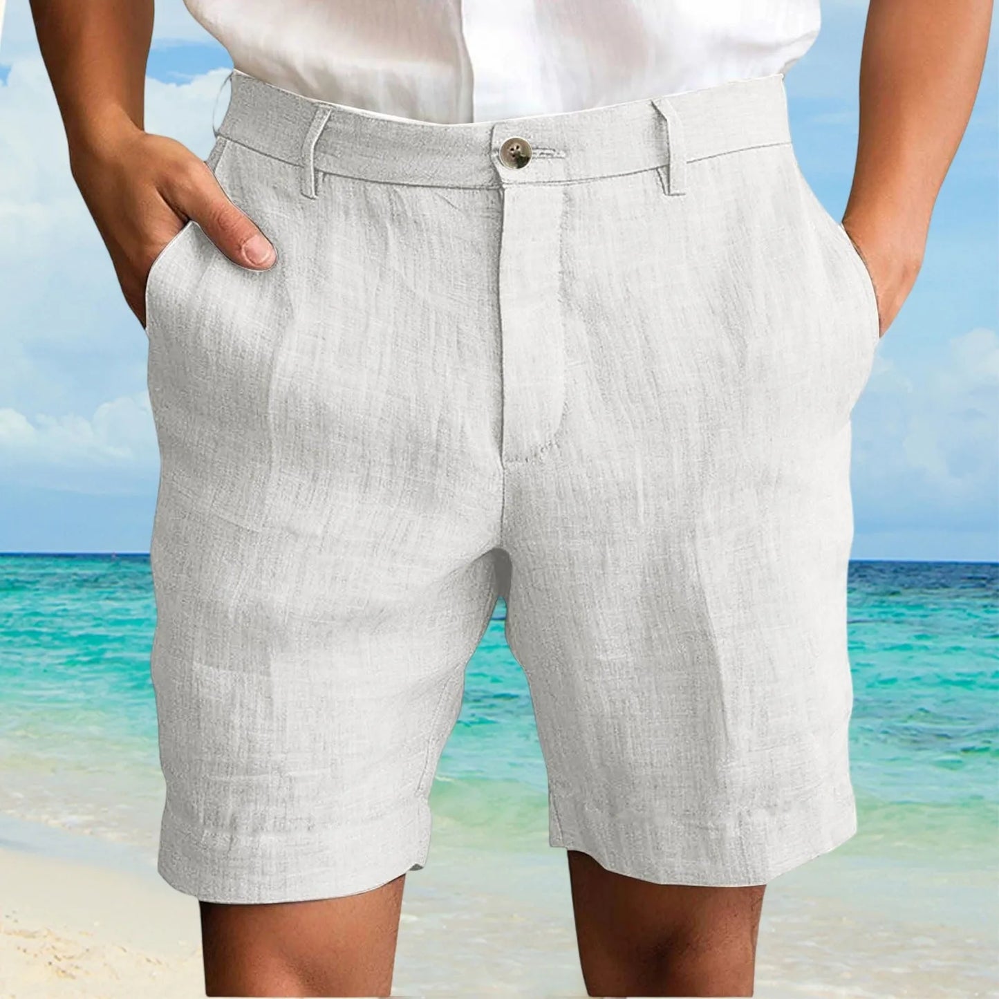 Summer Cotton Linen Shorts for Men Solid Casual Button Pocket Beach Shorts Men's Comfortable Simple Vacation Leiture Pants Peaceful Pleasures Health and Wellness White XL