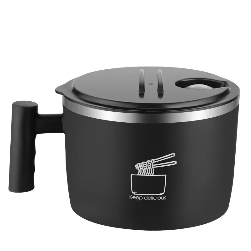 Stainless Steel Bowl With Lid For Instant Noodles Sealed And Portable Drain Bowl For Kitchen Utensils Instant Noodle Partner Peaceful Pleasures Health and Wellness black