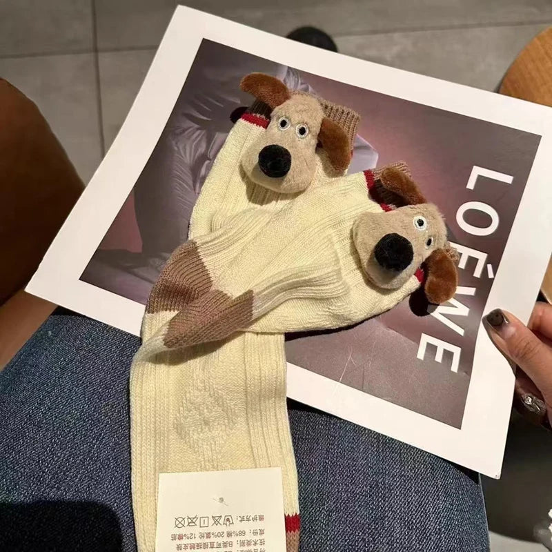 Personalized Fashion Socks 3D Cartoon Big Ears Dog Socks Plush Cloth Doll Socks Spring and Autumn Sweet Breathable Middle Socks Peaceful Pleasures Health and Wellness Ivory One Size