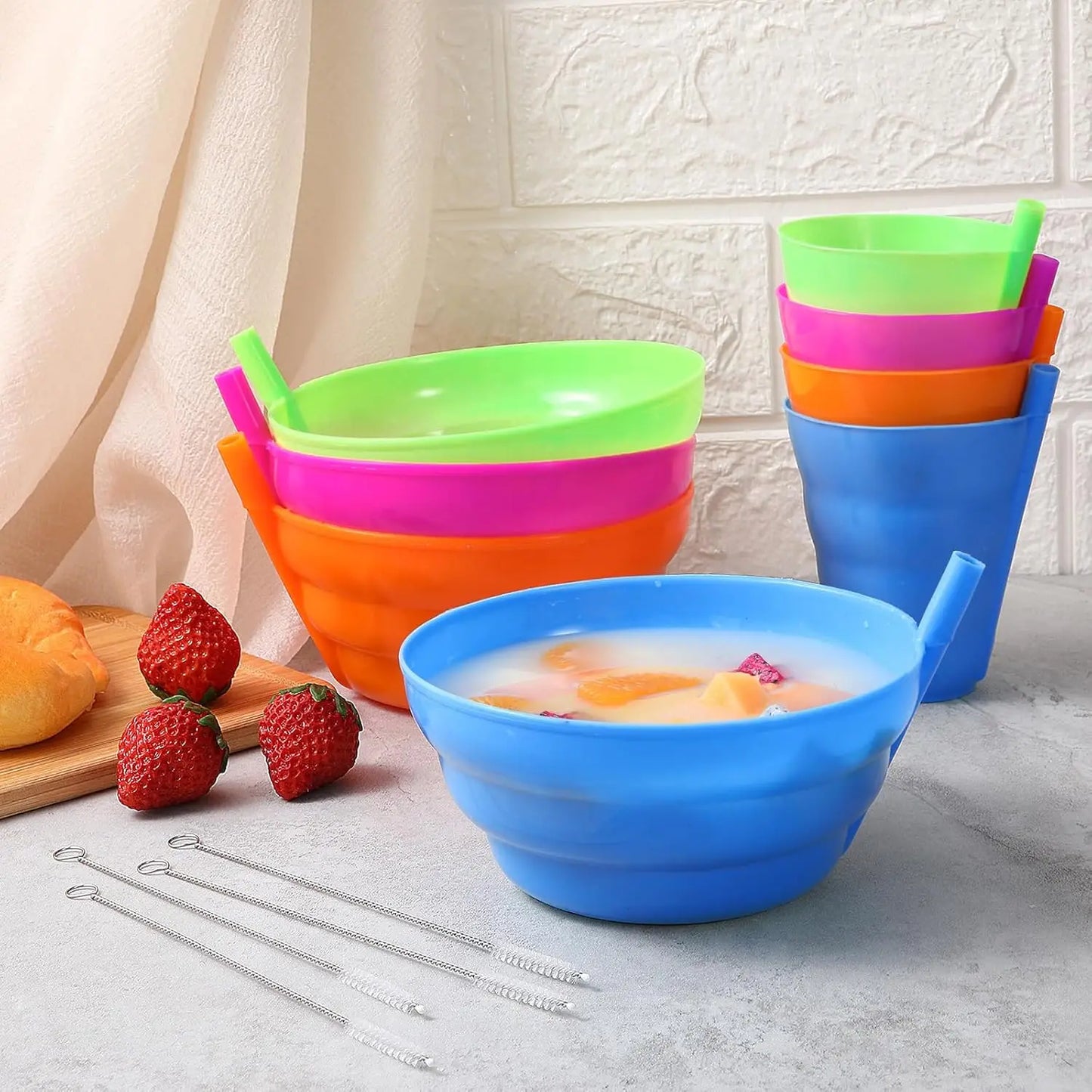 4PCS Cereal Bowls with Straws for Kids 20 Ounce BPA-Free Plastic Reusable Bowls with Built-In Straws for Children Peaceful Pleasures Health and Wellness