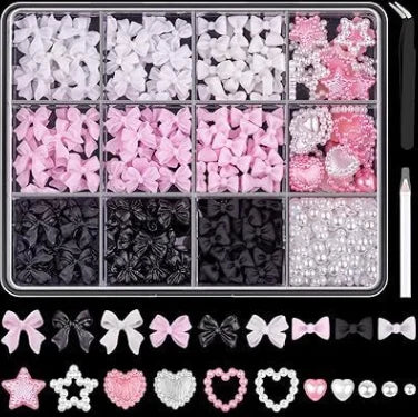 1 Box Multi Ribbon Bow Resin Nail Decoration Mixed Alloy Pearl Love