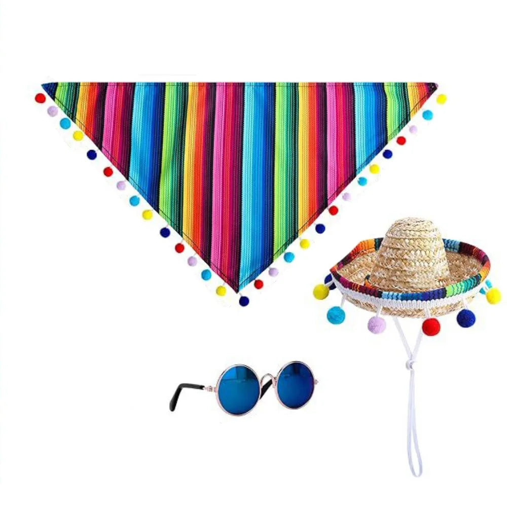 Mexican Pet Hat Scarf & Glasses Costume Set for Small Dogs