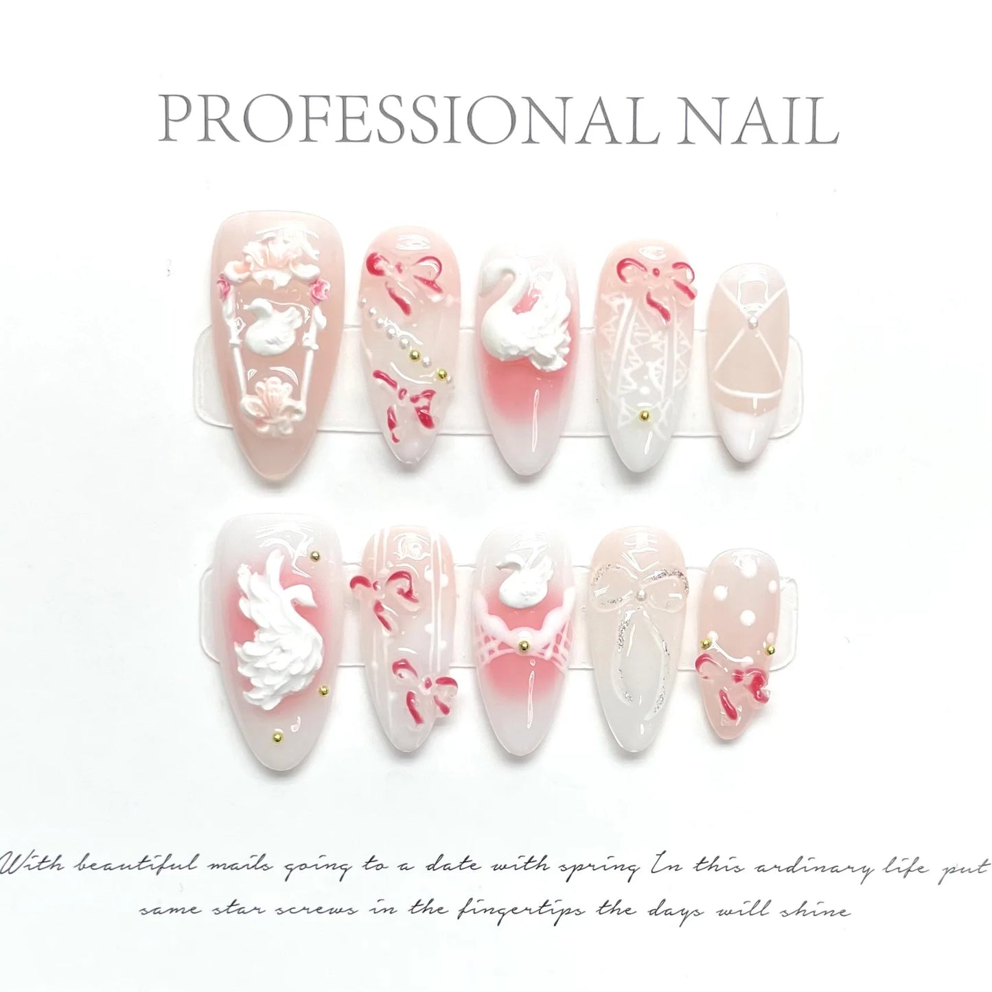 Handmade Press on Nails Sweet Pink Almond Fake Nails Cute 3D White Rabbit Flowers Design Fake Nail Tips Wearable Manicure Set Peaceful Pleasures Health and Wellness L 1