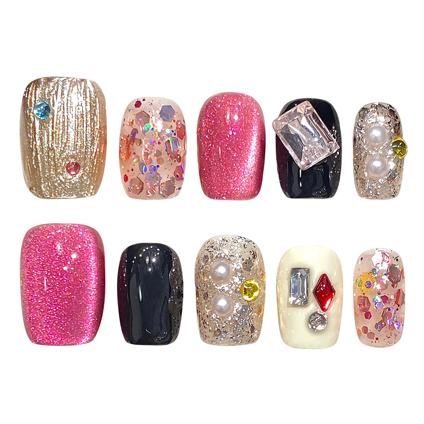 Handmade Press on Nails Glitter Pink Sequins Cat Eyes Glossy Fake Nails Full Cover Short Square Shiny Crystal Design False Nails Peaceful Pleasures Health and Wellness XS