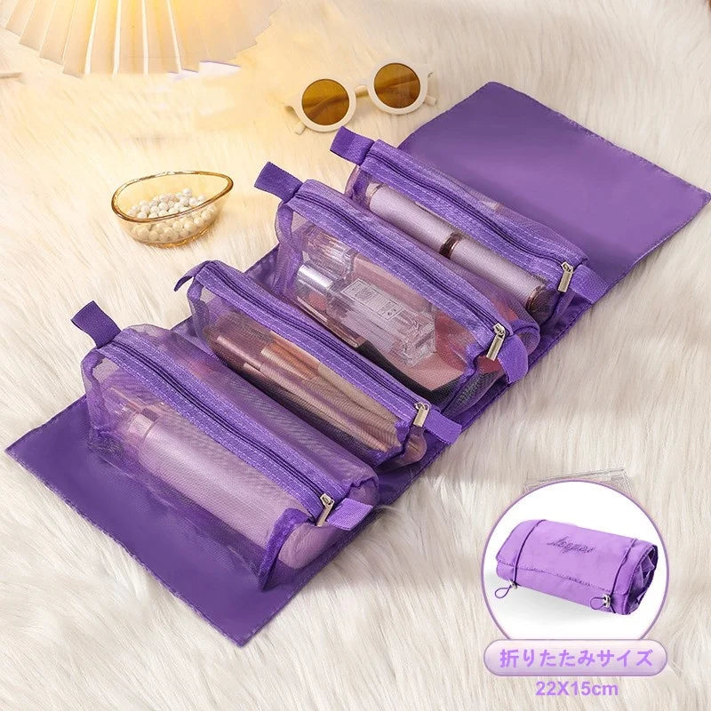 Large capacity makeup storage bag with 4 detachable compartments and foldable hanging makeup bag with hanging ring Peaceful Pleasures Health and Wellness purple
