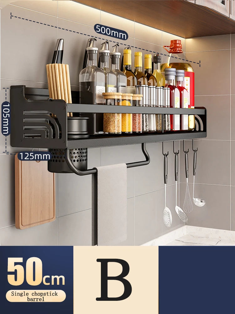 Kitchen Organizer Shelf Wall-mounted Spice Storage Rack Kitchen Knife Holder Wall Seasoning Chopstick Spoon Shovel Storage Peaceful Pleasures Health and Wellness 50CM B