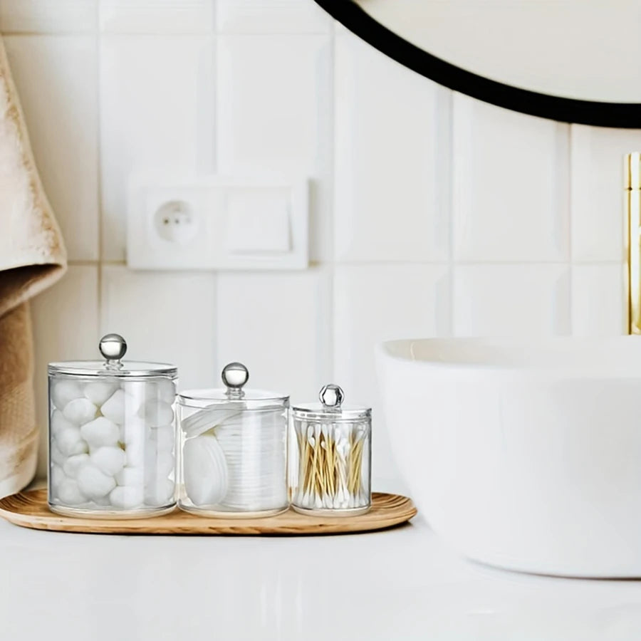 3 Pcs Acrylic Apothecary Jars with lid Clear Qtip Holder Dispenser Storage Box Bathroom Organizer Canisters for Cotton Swab Peaceful Pleasures Health and Wellness