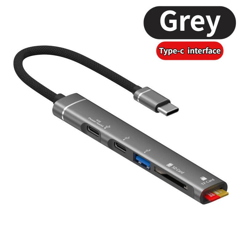 5-in-1 Multi Adapter USB +Type C HUB Docking Station with SD/TF Memory Card Reader 5Gbps Transmission Type C Hub For Laptop Peaceful Pleasures Health and Wellness Type-C Gray