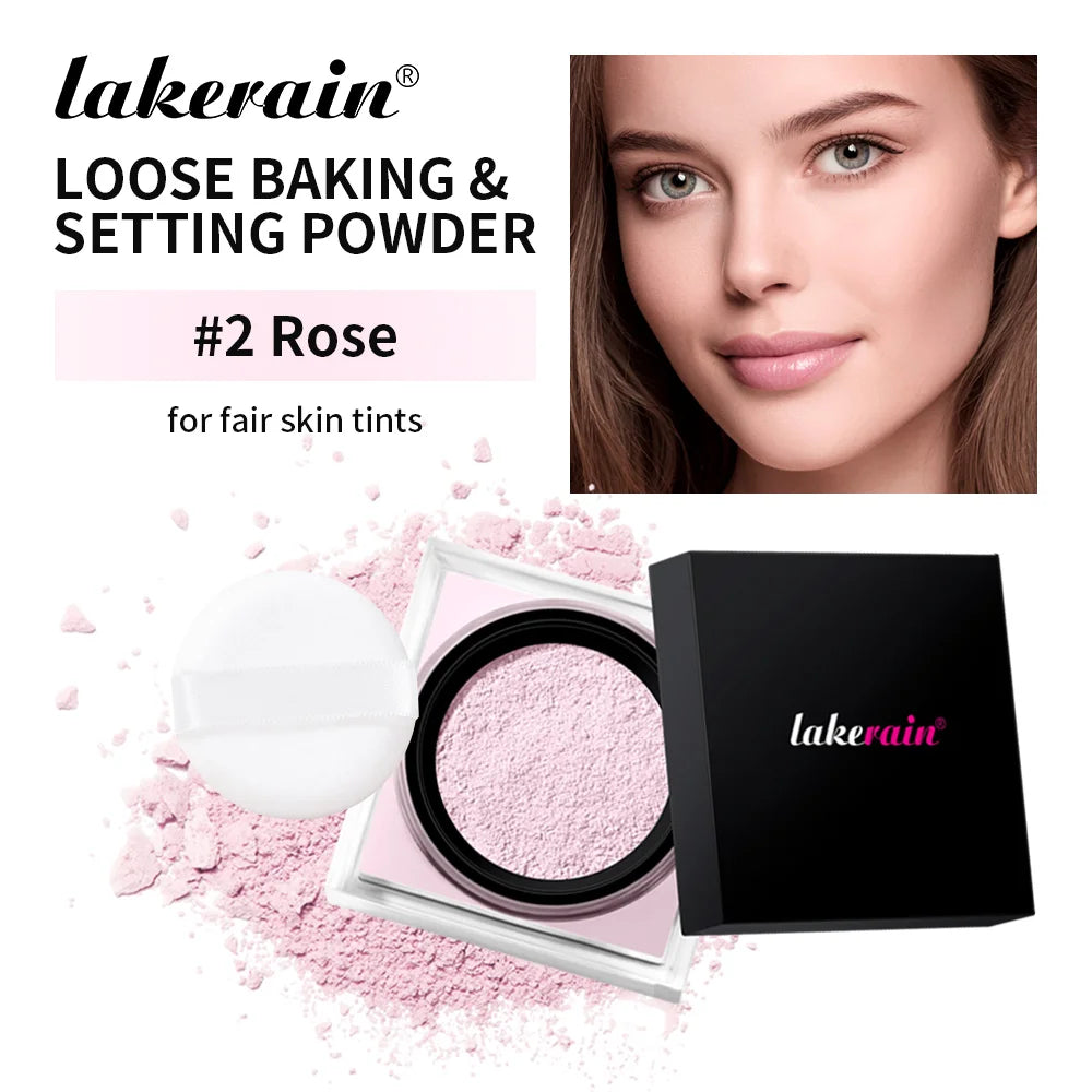 Loose Baking&Setting Powder and Puff Long Lasting Waterproof Oil Control Matte Setting Powder Natural Brightening Face Cosmetics Peaceful Pleasures Health and Wellness 2Rose and puff