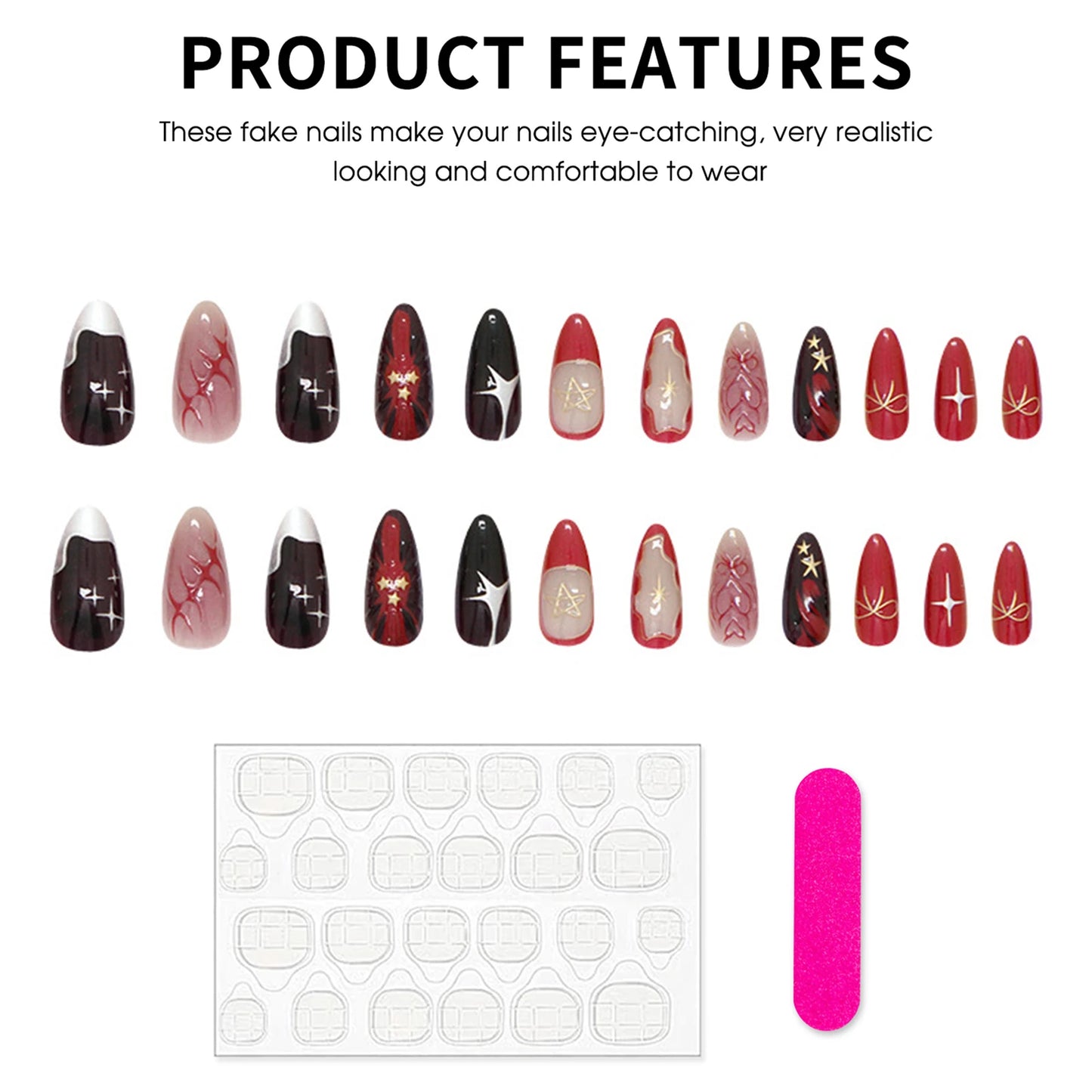 3D Star French Press On Nails – Deep Red Y2K Almond 24pc Set