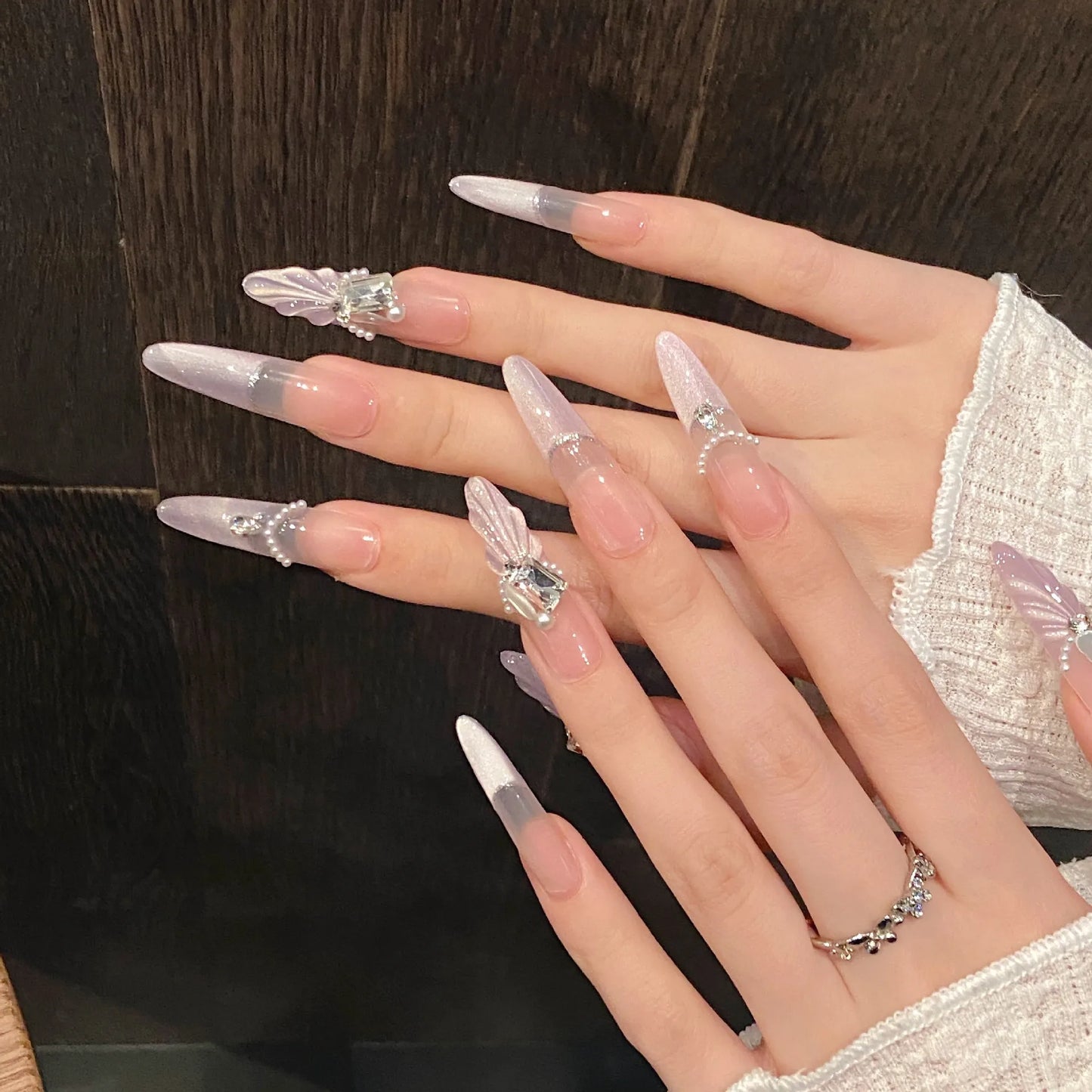 Handmade Press On Nails 3D Shell Crystal Purple Cat Eye – 10pcs