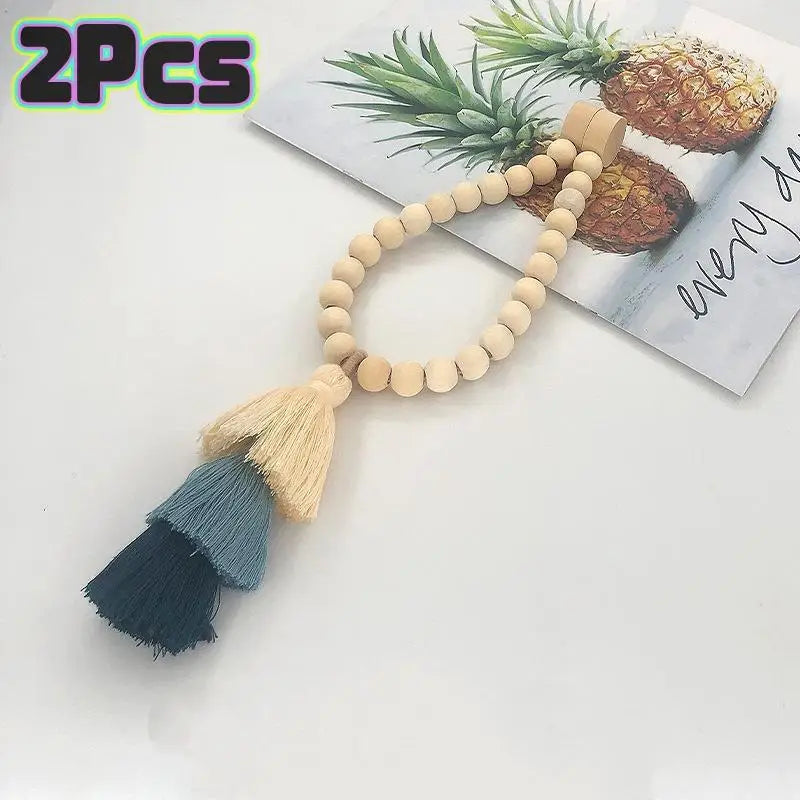 Bohemian Wooden Bead Curtain Tie Backs with Tassel & Magnet – 2Pcs Curtain Tie Backs Peaceful Pleasures Health and Wellness Blue