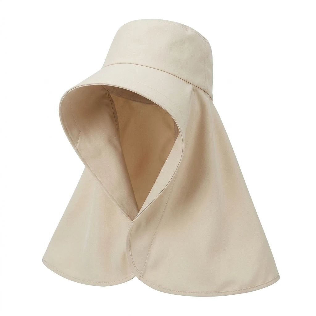 Women Sun-Protection Fisherman Hat Wide Brim Neck Cover UPF50+ Anti UV Ponytail Design Peaceful Pleasures Health and Wellness Beige