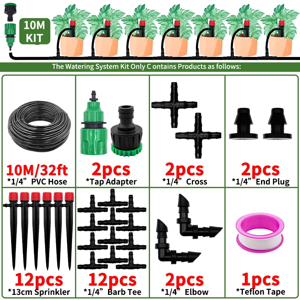 Garden Drip Irrigation Automatic Watering System Kit 1/4'' 13CM Sprinkler for Bonsai Pot Plant Flower Vegetable Greenhouse Peaceful Pleasures Health and Wellness 10M