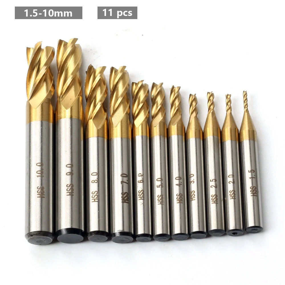 4-Flute HSS Titanium End Mill Set 7–11 Pcs | 1.5–10mm CNC Peaceful Pleasures Health and Wellness 1.5-10mm(11pcs)