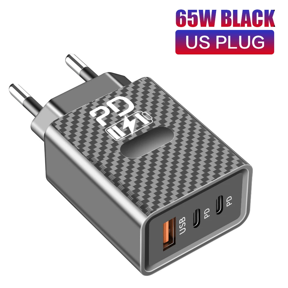 65W USB-C Fast Charger Dual Port PD 3.0 & QC 3.0 Wall Adapter Peaceful Pleasures Health and Wellness EU Black