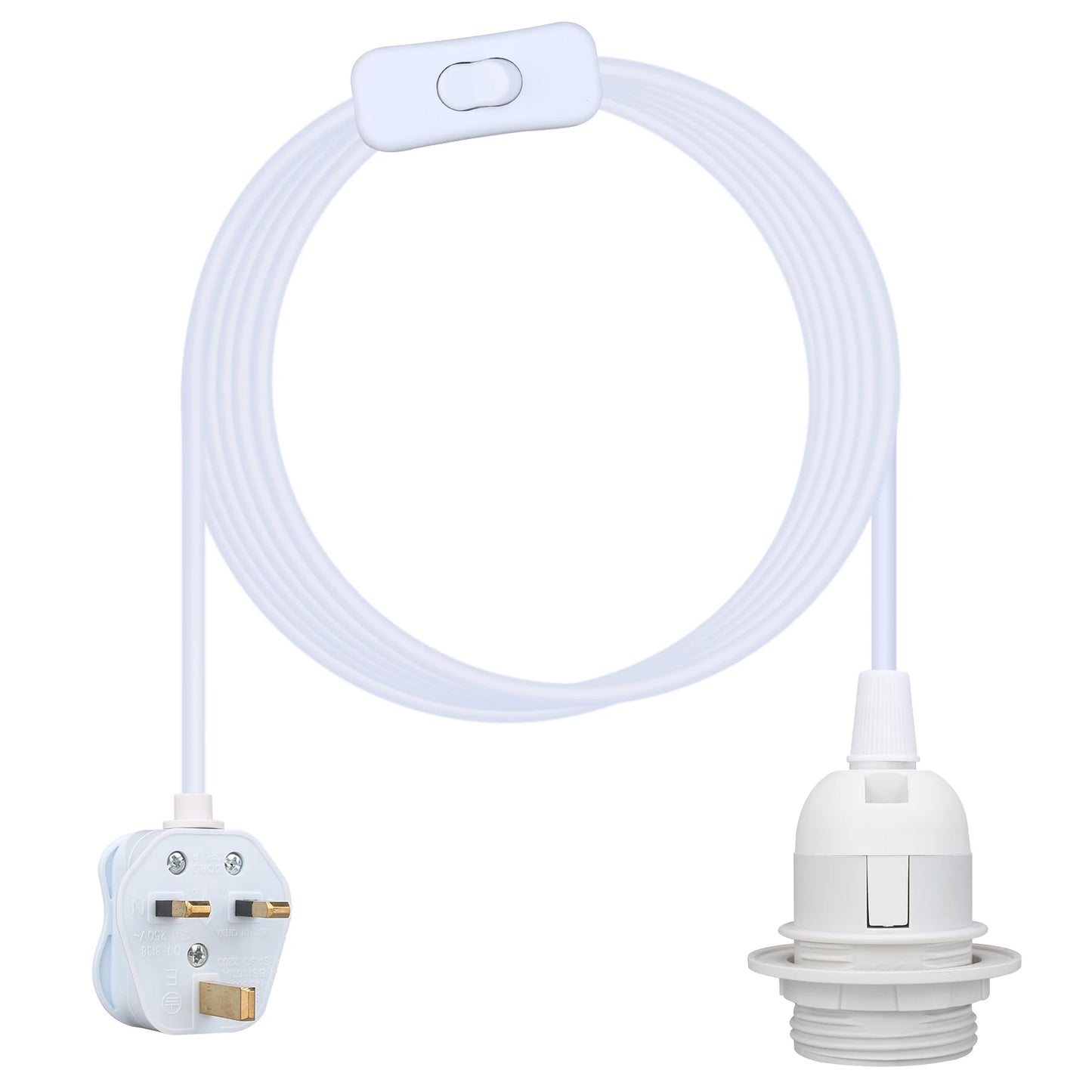 Ceiling Pendant Light Fitting E27 Screw Lamp Holder with Switch Suspended & Lock Ring for Shade 2 Core Extension Cable UK Plug Peaceful Pleasures Health and Wellness White 200CM