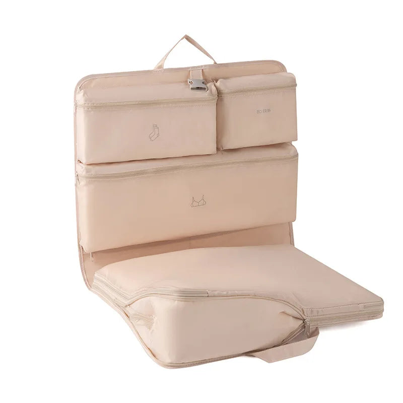 Portable Travel Compression Packing Cubes Set 6 Way Organized Storage for Clothes Foldable Hanging Design for Suitcase Luggage Peaceful Pleasures Health and Wellness Beige