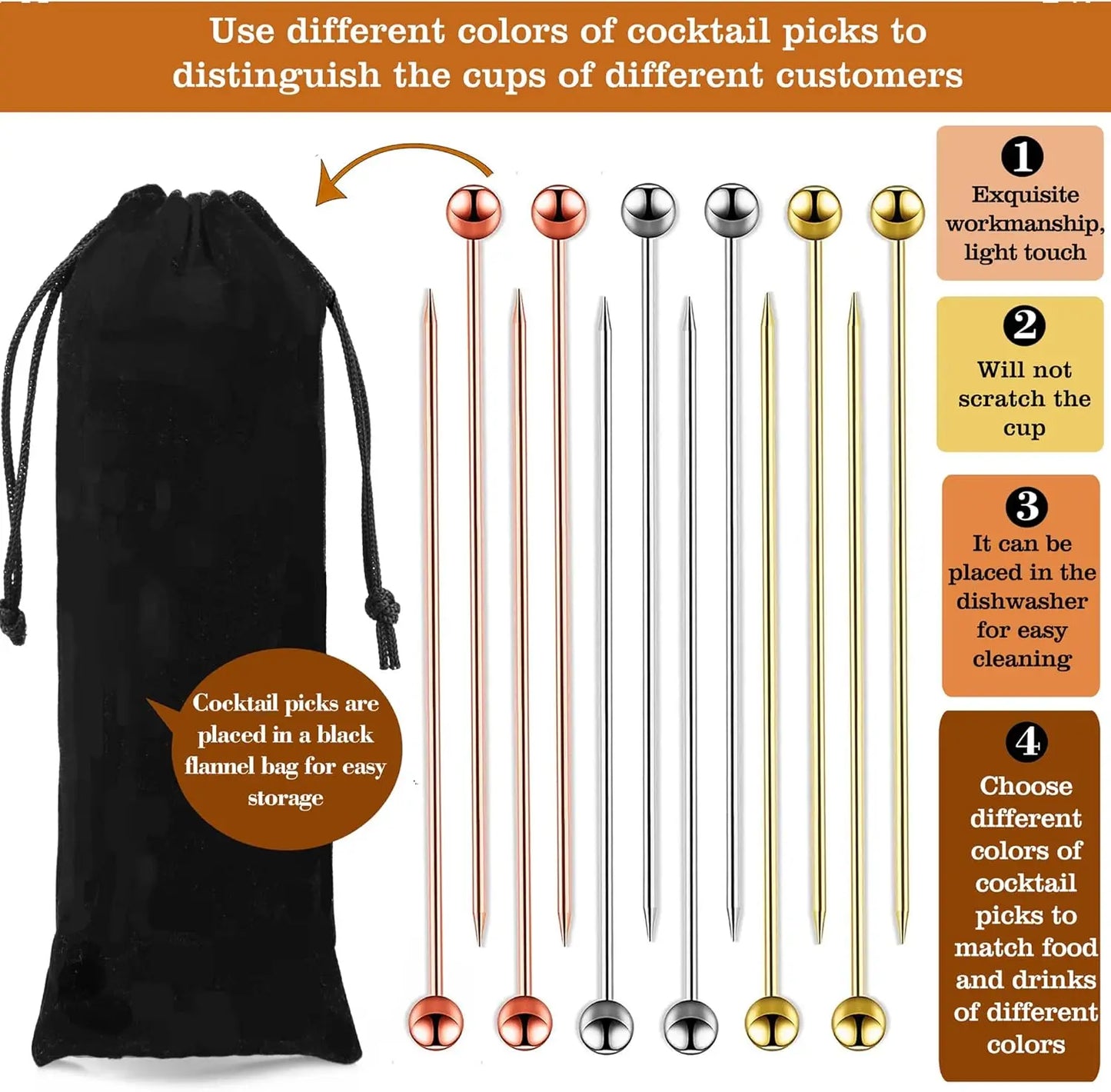 12Pcs Stainless Steel Cocktail Picks Bar Tools Drink Stirring Sticks Drinks Decoration Reusable Fruit Sticks Cocktail Picks Peaceful Pleasures Health and Wellness 4PCS per Color